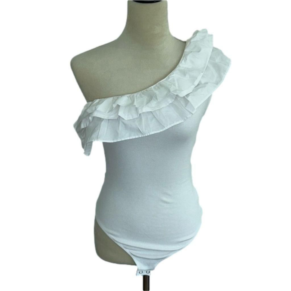 Express: One Shoulder, White Ruffled Body Suit-Size S